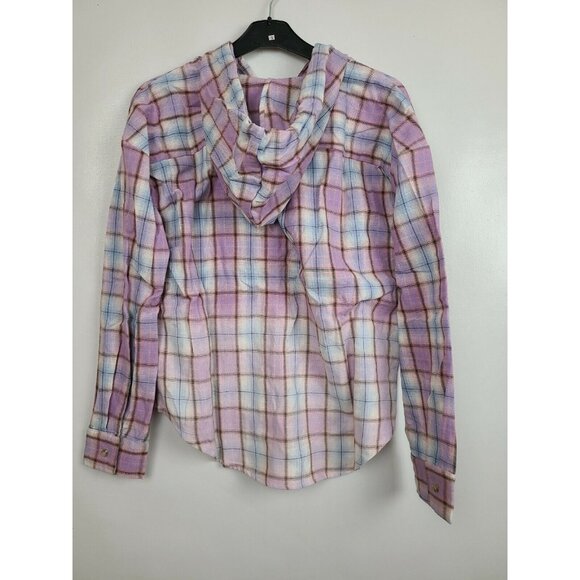 Hem and Thread Womens Hooded Shirt Medium Purple Plaid Deep Dye Button Up BOHO - Picture 3 of 8